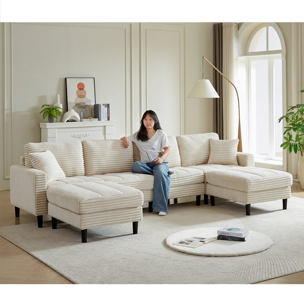 English Elm 122.5-Inch Oversized U-Shaped Modular Sofa Corduroy Sectional with Double Chaise, Ottoman, Pillows and Plastic Legs Beige W1193S00122