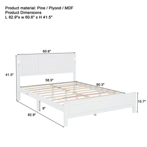 English Elm Queen Pinewood Platform Bed Farmhouse Tall Panel Headboard with Led Lighting and Usb Ports White W504P391091