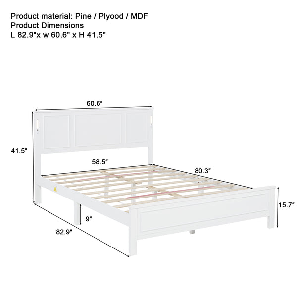 English Elm Queen Pinewood Platform Bed Farmhouse Tall Panel Headboard with Led Lighting and Usb Ports White W504P391091
