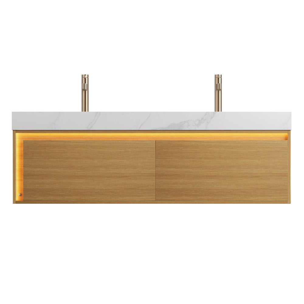 English Elm NYAH 60" Bathroom Vanity with Carrara White Sintered Stone Top, Dual Undermount Basins, LED Sensor Light, Soft-Close Drawers, Pre-Assembled Woodgrain Cabinet W2615S00368