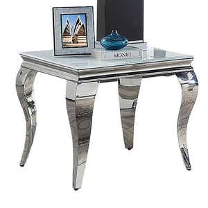 English Elm Glam Stainless Steel Coffee Table with Beveled Tempered Glass Top and Elegant Cabriole-Style Legs Silver,White 28 L x 28 W x 4 H B011S01177