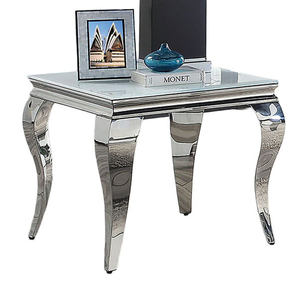 English Elm Glam Stainless Steel Coffee Table with Beveled Tempered Glass Top and Elegant Cabriole-Style Legs Silver,White 28 L x 28 W x 4 H B011S01177