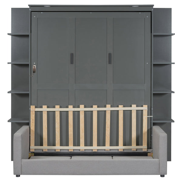 English Elm Queen Murphy Bed with Integrated Sofa Space Saving Fold Down Cabinet for Studio Living Gray LP000591AAE-2