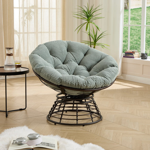 English Elm Comfortable Rattan Papasan Swivel Chair Overstuffed Corduroy Cushion Indoor Outdoor Lounge W640P443557