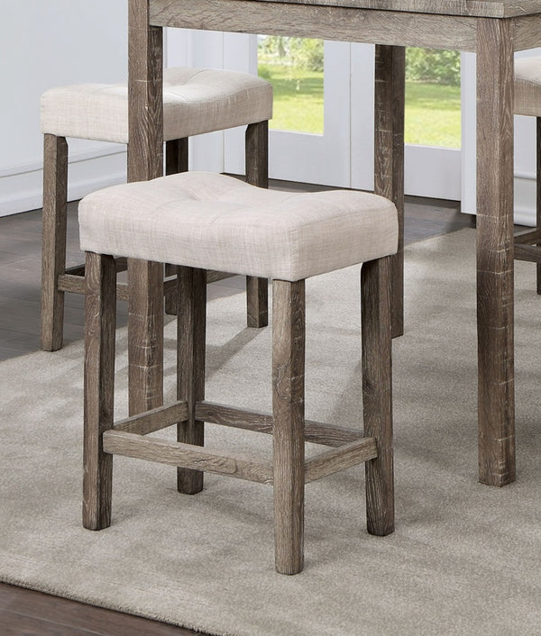 English Elm Transitional 5pc Counter Height Dining Set – Gray Farmhouse Table with 4 Beige Linen-Like Tufted Stools B011P230005