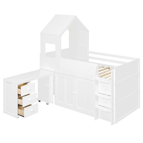 English Elm Twin House Loft Bed with Pull Out Rolling Desk Stair Drawers and Cabinet Storage White N820S00072K