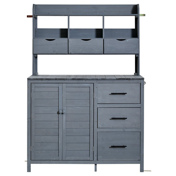 English Elm (with Hutch) Topamx Solid Fir Potting Bench Patio Workstation Spice Rack Drawer Gray N717P404331E