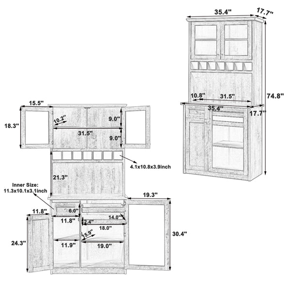 English Elm Topmax Farmhouse Buffet Hutch with Wine Rack Shaker Glass Pantry Cabinet Blue N717P327043C