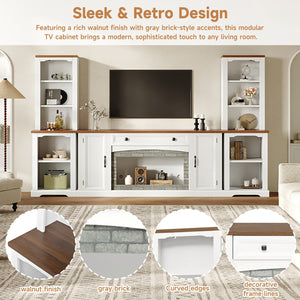 English Elm 3-piece Farmhouse Entertainment Center with Curved Cabinets Walnut Mdf Modular Living Room White N721S000068K