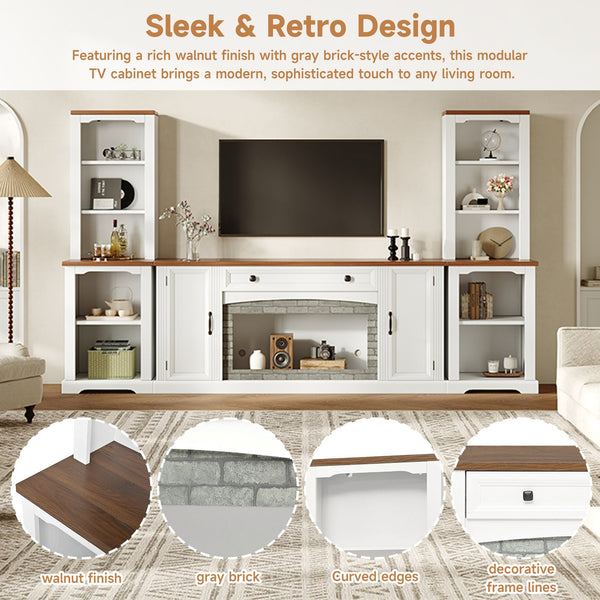 English Elm 3-piece Farmhouse Entertainment Center with Curved Cabinets Walnut Mdf Modular Living Room White N721S000068K