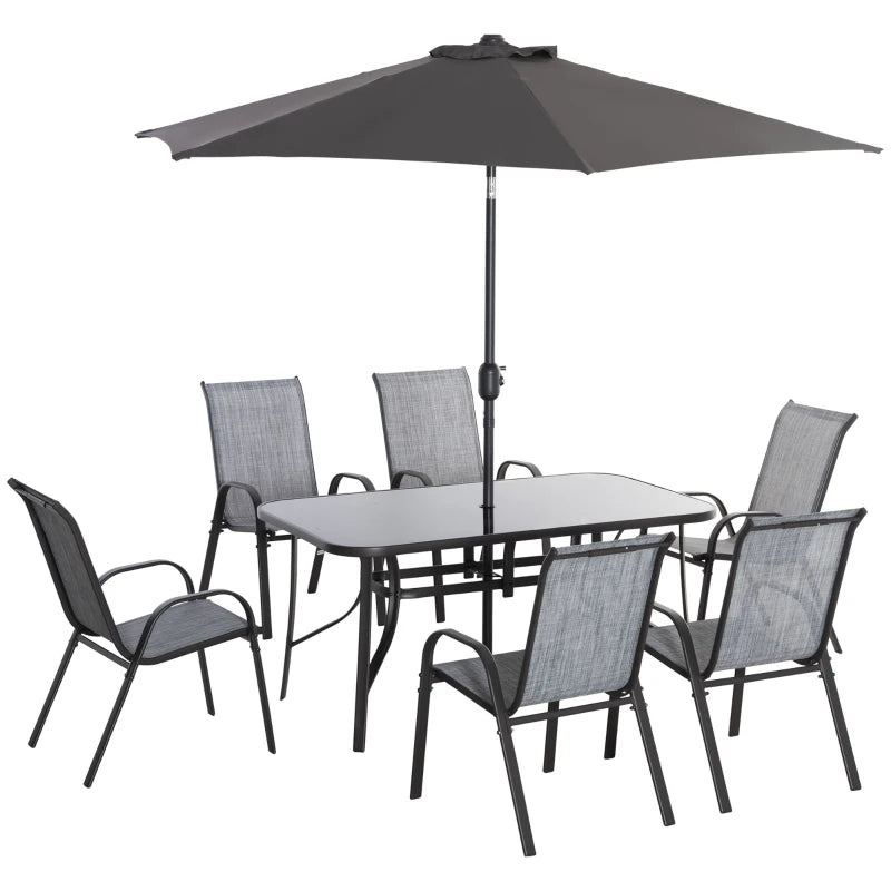 English Elm Outdoor Eight Piece Patio Dining Set with Mesh Chairs Tempered Glass Table and Umbrella T3971S00137