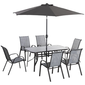 English Elm Outdoor Eight Piece Patio Dining Set with Mesh Chairs Tempered Glass Table and Umbrella T3971S00137