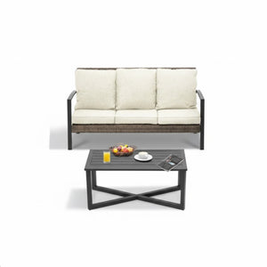 English Elm 2-piece Pe Rattan Outdoor Sofa Set with Steel Frame and Patio Coffee Table Beige B082P455165