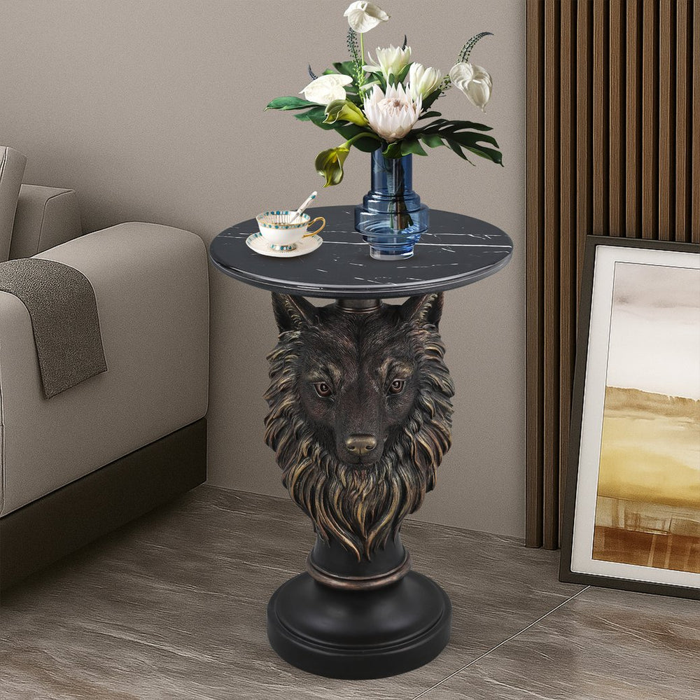 English Elm Horse Head Sculpted Resin End Table with Faux Marble Top for Bold Living Rooms W5398P454681