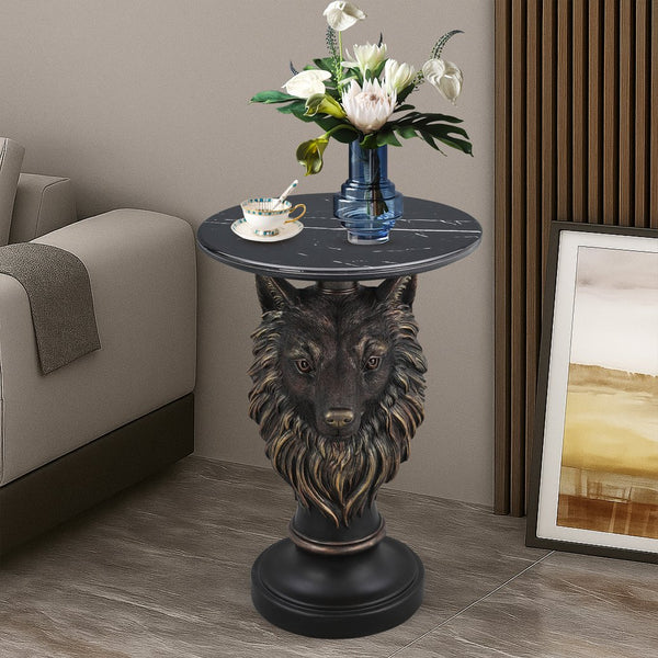 English Elm Horse Head Sculpted Resin End Table with Faux Marble Top for Bold Living Rooms W5398P454681