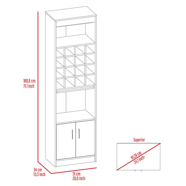 English Elm Illinois Bar Cabinet with 16 Bottle Cubbies, Glass Rack for 8, Cabinet & Open Shelf — Stylish, Ergonomic Storage B128S00031