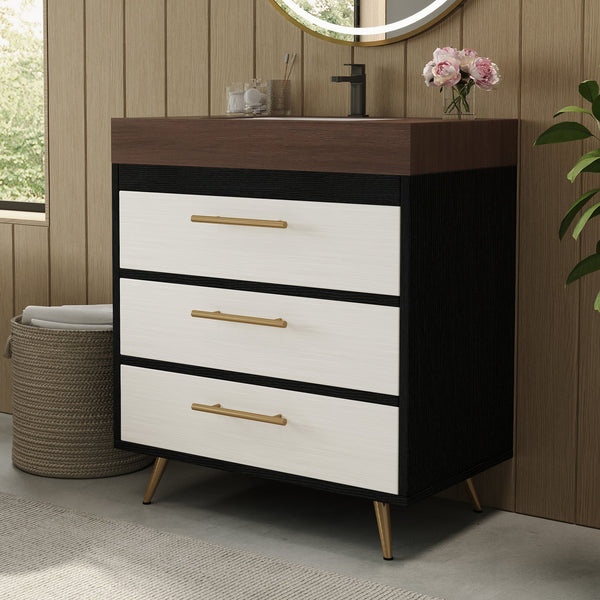 English Elm Modern Freestanding Bathroom Vanity with Vessel Sink Sintered Stone Gold Legs W3136S00047