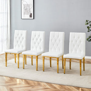 English Elm 4 White+Gold Dining Chairs Set – Quilted PU Seats, Studded Grid Back, Gold Metal Legs, Elegant 4-Pack W1512P410623