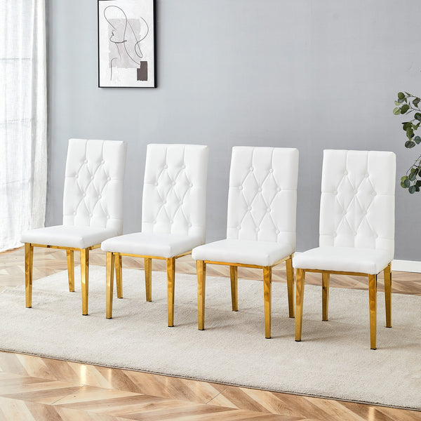 English Elm 4 White+Gold Dining Chairs Set – Quilted PU Seats, Studded Grid Back, Gold Metal Legs, Elegant 4-Pack W1512P410623