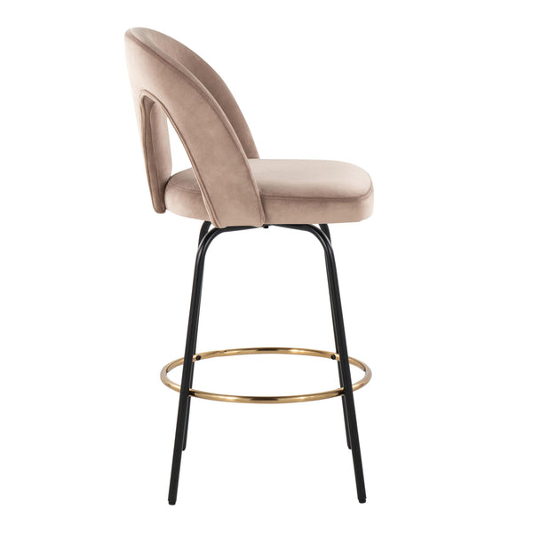 English Elm Fixed-height Swivel Counterstools with White Upholstery Gold Footrest Set of 2 Taupe B202S01792