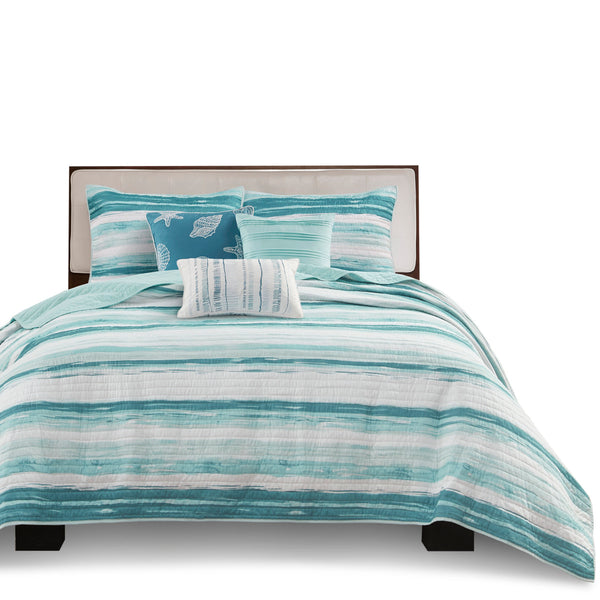 English Elm 6 Madison Park Marina Reversible Quilt Set Full/Queen with Coastal Watercolor Stripes and Embroidered Pillows Aqua 22.44 L x 17.72 W x 5.91 H B03597637