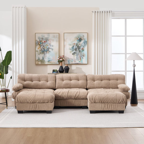 English Elm U Shaped Modular Cloud Sectional Deep Seat Flannelette Sofa with Rounded Bolster Armrests Light Brown W2120S00038