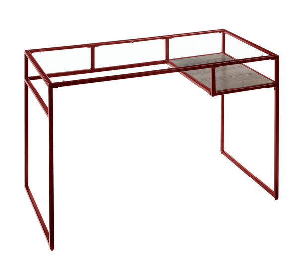 English Elm Yasin Sleek Red Writing Desk with 5mm Glass Top, Metal Sled Base & Open Shelf Storage, 70lb Max B2726P280748