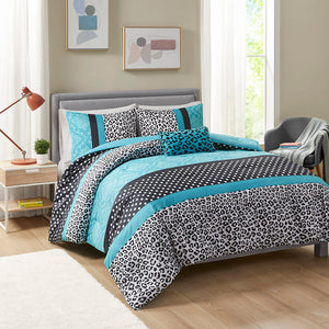 JLA Home Mi Zone - Comforter Chloe mixed polka dot, damask & leopard in black white teal with embroidered pillow, washable 90 L x 86 W x 1.5H MZ10-226