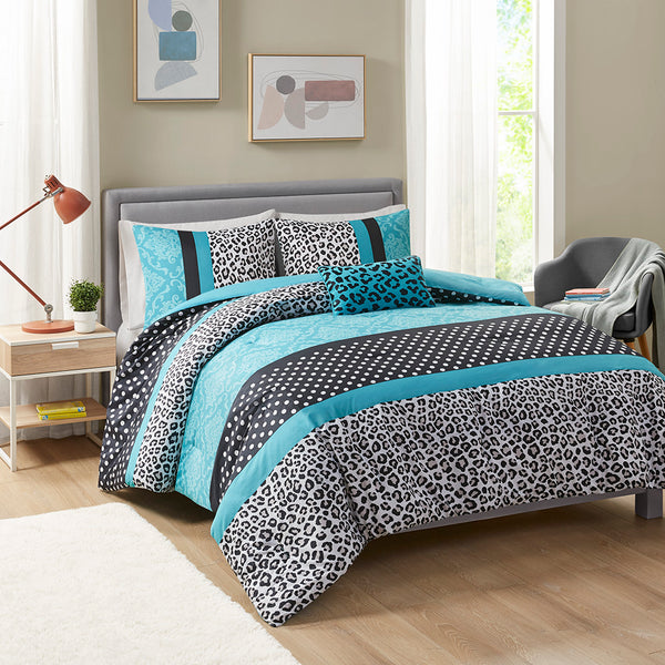 JLA Home Mi Zone - Comforter Chloe mixed polka dot, damask & leopard in black white teal with embroidered pillow, washable 90 L x 86 W x 1.5H MZ10-226