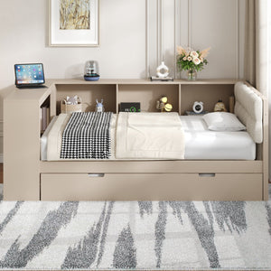 English Elm Wood Twin Platform Bed Linen Headboard Storage Shelves Trundle Charging Station Cream N709P004023C