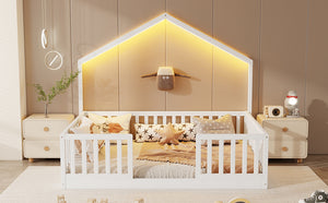 English Elm Twin Montessori Floor Bed House Frame with Led Lighting and Safety Rails for Kids White W2593P440604