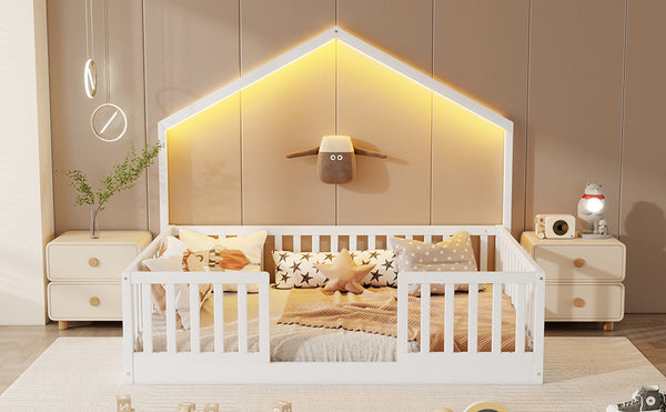 English Elm Twin Montessori Floor Bed House Frame with Led Lighting and Safety Rails for Kids White W2593P440604