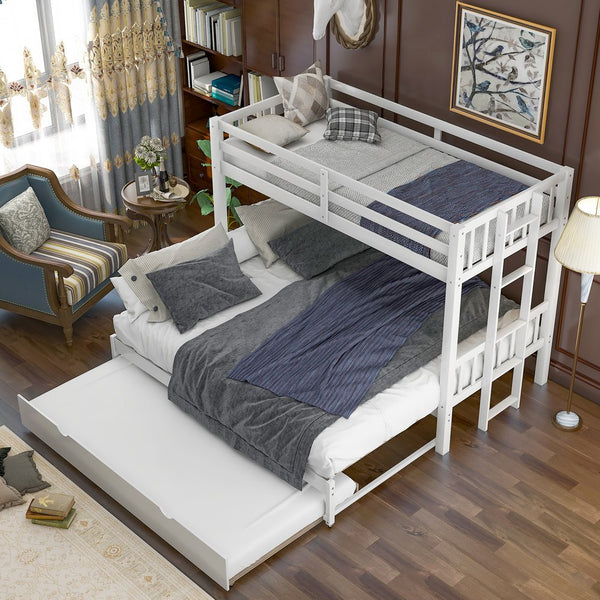 English Elm Twin over Pull-out Bunk Bed with Trundle and Wheels, Space-Saving Pine/MDF Frame Sleeps Four Crowd-Friendly Design White GX000301AAK