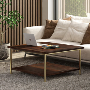 English Elm Skyler Square Coffee Table - Handcrafted Dark Brown Mango Wood With Gold Metal Frame & Shelf B136P159613-GIGA