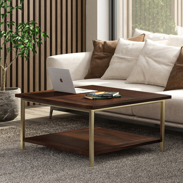 English Elm Skyler Square Coffee Table - Handcrafted Dark Brown Mango Wood With Gold Metal Frame & Shelf B136P159613-GIGA