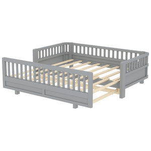 English Elm Twin Size Platform Bed With Guardrails - Stylish, Solid Wood Frame Converts To Double Twin, Grey W1580S00240-GIGA