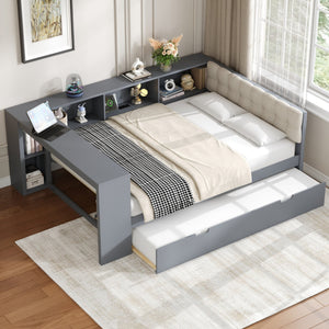 English Elm Wood Twin Platform Bed Linen Headboard Storage Shelves Trundle Charging Station Gray N709P004024E