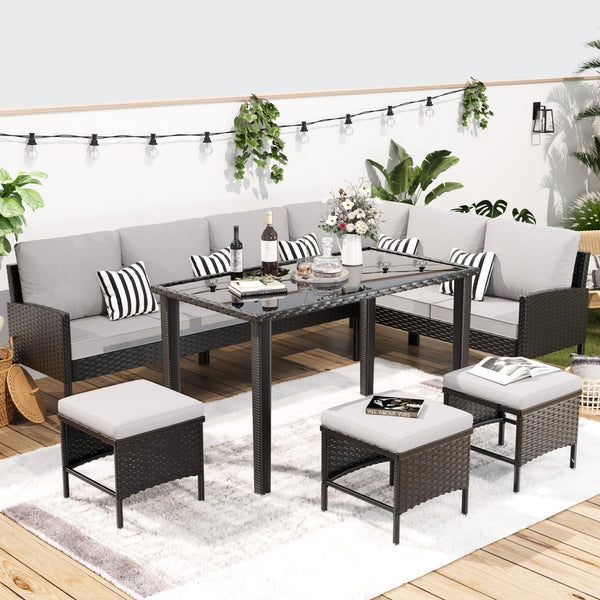 English Elm Small Patio Pe Rattan 7 Piece Outdoor Set with Tempered Glass Table and Cushioned Seating W2071P365907