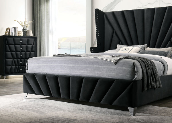 English Elm Bedroom Wooden Queen Bed with High Panel Headboard, Gold Trim Accent, Modern Luxury Design Black 84 L x 40.5 W x 3.3 H B2741S00113