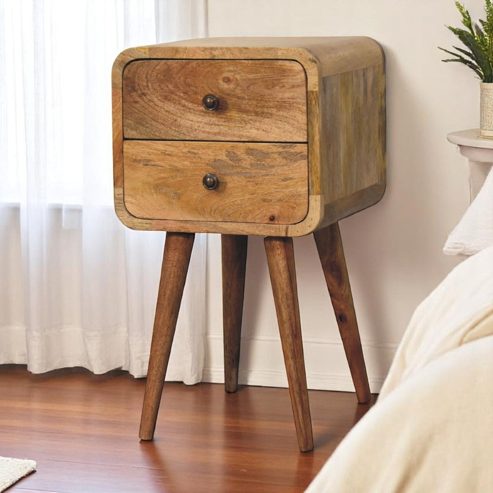 English Elm Solid Wood Mini Nightstand With 2 Drawers, Compact Scandinavian Design, Oak-Finish & Curved Edges B182P280774-GIGA