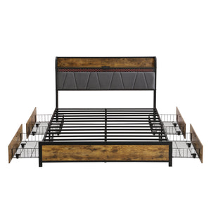 English Elm King Storage Bed Frame with USB Outlets, RGB LED Headboard, 4 Rolling Drawers & Metal Slats, Black Brown Gray W2297P291441