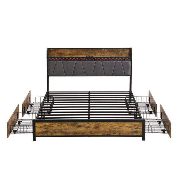 English Elm King Storage Bed Frame with USB Outlets, RGB LED Headboard, 4 Rolling Drawers & Metal Slats, Black Brown Gray W2297P291441