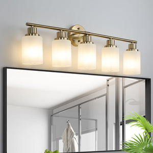 English Elm 31" Modern 5-Light Vanity Wall Sconce with Frosted Glass Shades for Bathroom Dressing Room Lighting Golden W1340P206702