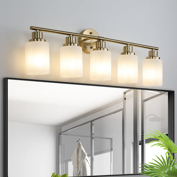 English Elm 31" Modern 5-Light Vanity Wall Sconce with Frosted Glass Shades for Bathroom Dressing Room Lighting Golden W1340P206702