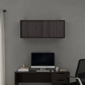 English Elm Stained Walnut Floating Wall Cabinet with Sliding Door and Open Display Shelves B062P476872