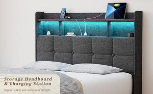 English Elm Full Linen Upholstered Bed with LED Lights, 20W Fast Charging, 2 Drawers & Memory Foam Headboard - Dark Gray W1550P190361