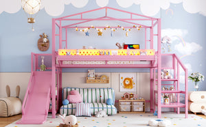 English Elm Twin Metal Loft Bed with Built-in Wardrobe Storage Stairs Led Lights and Usb Ports W5316S00046