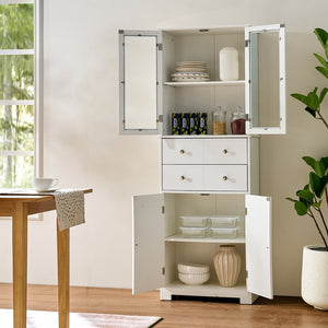 English Elm 67" Tall Pantry Cabinet with Glass Doors & Drawer, 67" White MDF Tall Kitchen Storage Cupboard W3417P321849