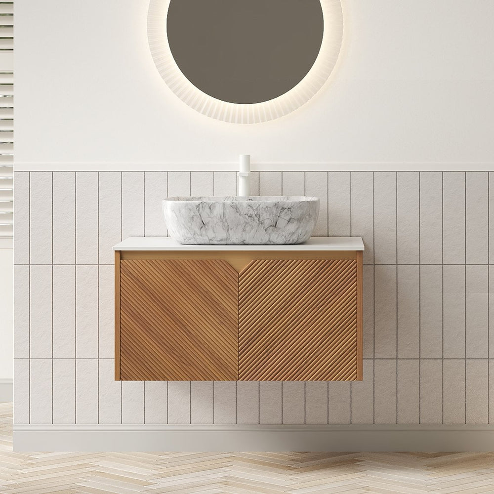 English Elm Muri Floating Bathroom Vanity Plywood Cabinet Sintered Stone Top Oak Drawer W2615S00529