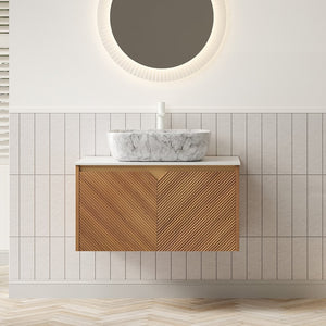 English Elm Muri Floating Bathroom Vanity Plywood Cabinet Sintered Stone Top Oak Drawer W2615S00529
